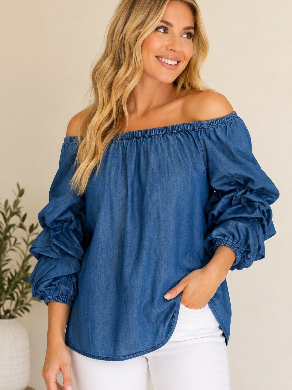 Scully XL Chambray Denim Ruffle Sleeve Tunic Top Blue Western Boho Cotton Blouse